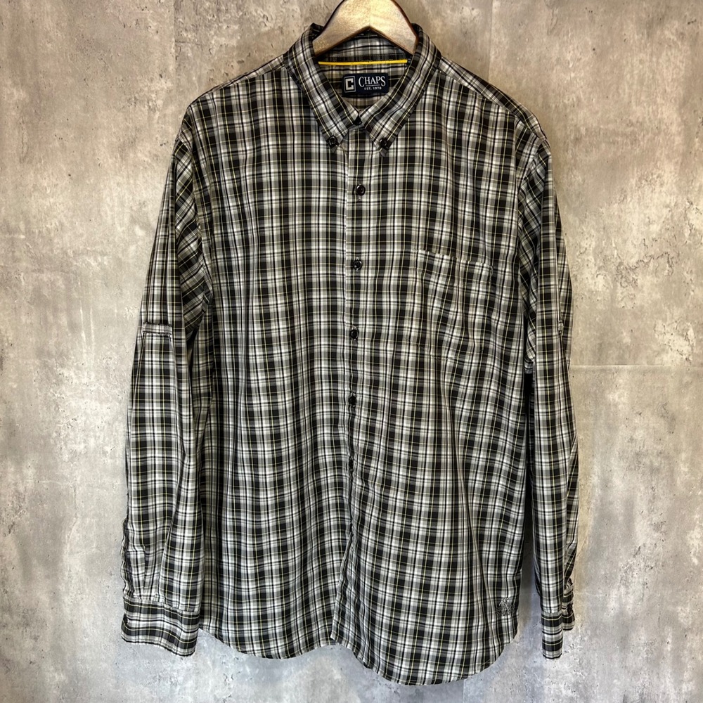 Chaps Mens XL Plaid  Button Down  Shirt  Black  Grey  Yellow  Long Sleeve Casual - Picture 4 of 9